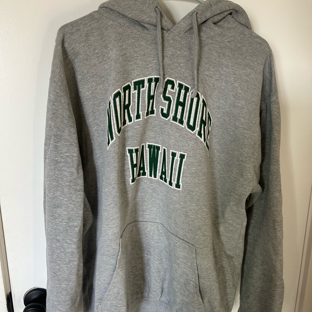 Brandy Melville Grey Hoodie with Green Lettering